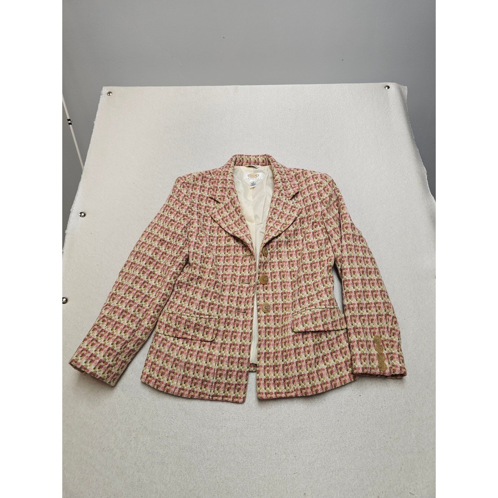Talbots Petites Pink Green Tweed Wool Blend Blazer Italian Fabric Size 2P